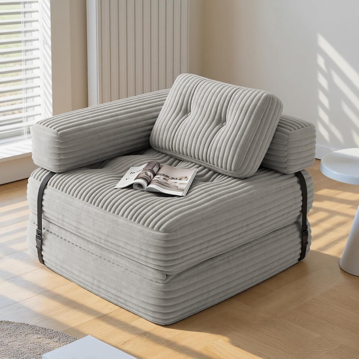 Klapbank met L-armleuningen, 2-in-1 bed, draagbaar, voor kleine ruimtes, corduroy met schuimvulling, 170 x 85 cm (lichtgrijs)