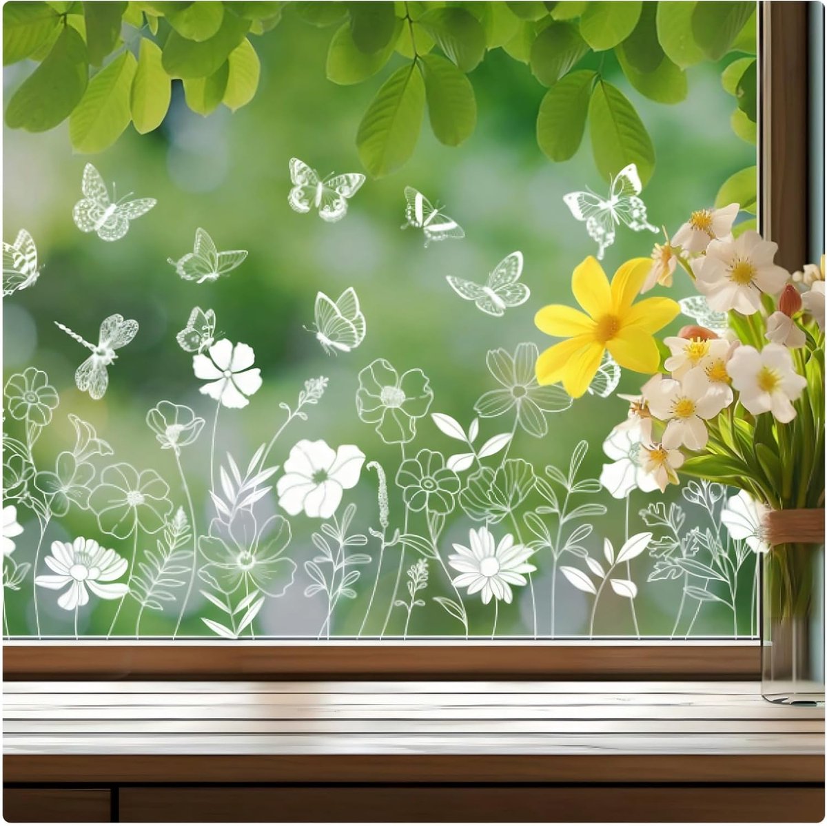 Raamstickers Bloemen en Vlinders Decoratief, Herbruikbaar Statische Raamfolie Dubbelzijdig, Decoratie Lente Huis Anti-botsing