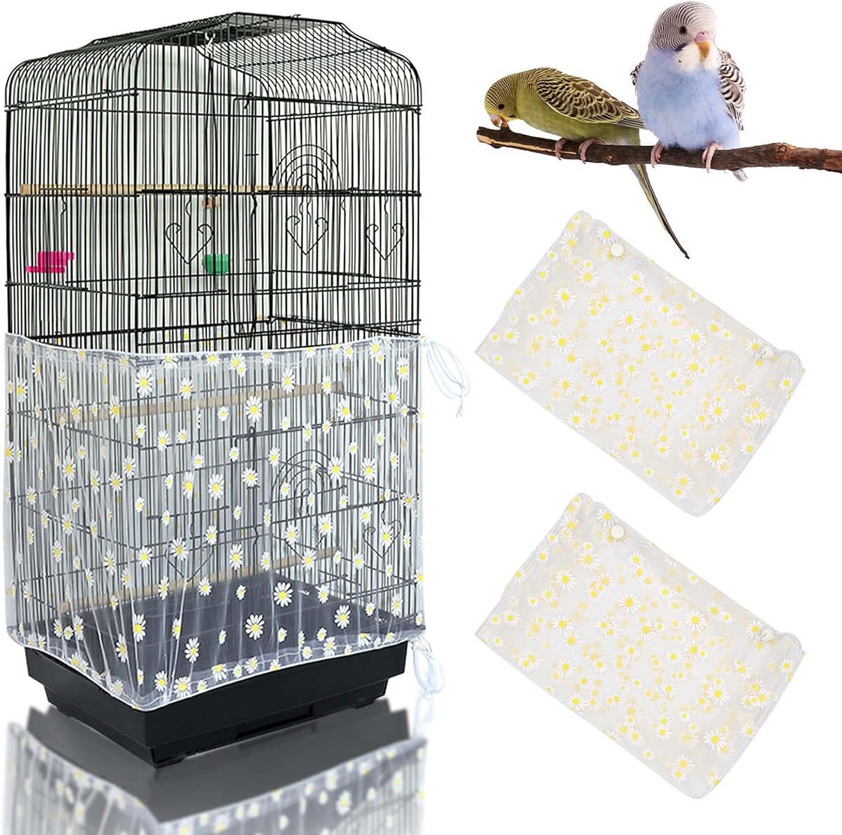 2-delige verstelbare vogelkooi-afdekking, vogelkooi-zaadvangnet, zacht nylon gaasnet met Daisy-patroon, vogelkooi-afdekrok zaadbescherming voor ronde en vierkante kooien voor papegaaien