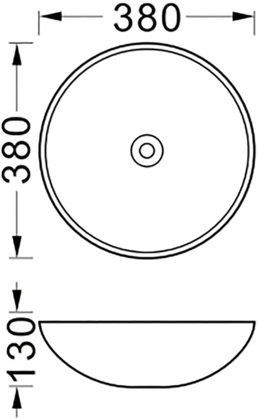 Technische tekening van de waskom met een diameter van 380 mm en een hoogte van 130 mm.
