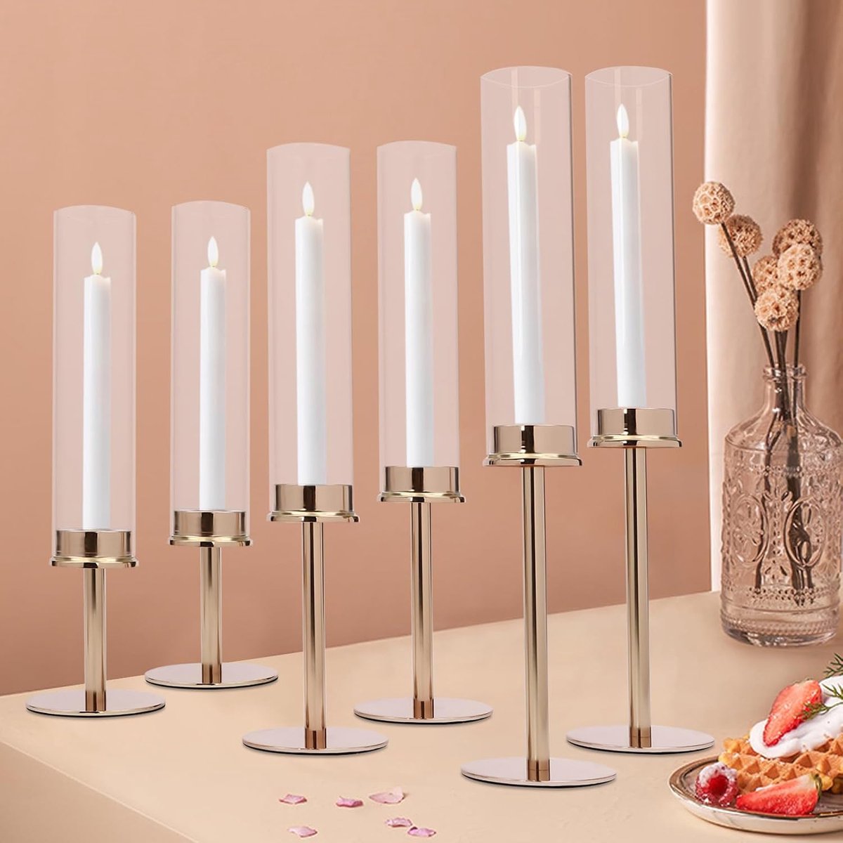 Kandelaar met glazen cilinder, 6 stuks windlicht, kaarsenhouder, hoge stompkaarsen, tafeldecoratie voor bruiloft, eettafel, badkamer, verjaardag, feestdecoratie