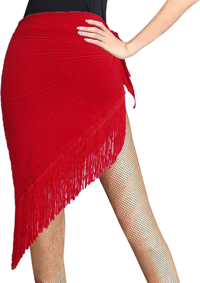 Dansrok voor dames, met franjes, buikdans, heupdoek, hoge taille, heupsjaal, wikkelrok, dansriem, salsa, tango, balletrok, wikkelrok, rumba, cha, cha, samba, balzaal, dansjurk