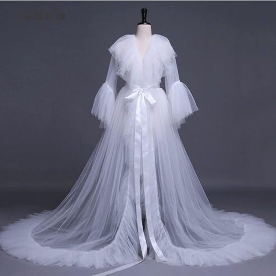 Tule badjas voor dames, lange snit, nachtjurk, bruidsjurk, transparante lingerie, vrouwelijke badjas, elegante huiskleding, kanten versiering, zachte stofkwaliteit — afbeelding 5