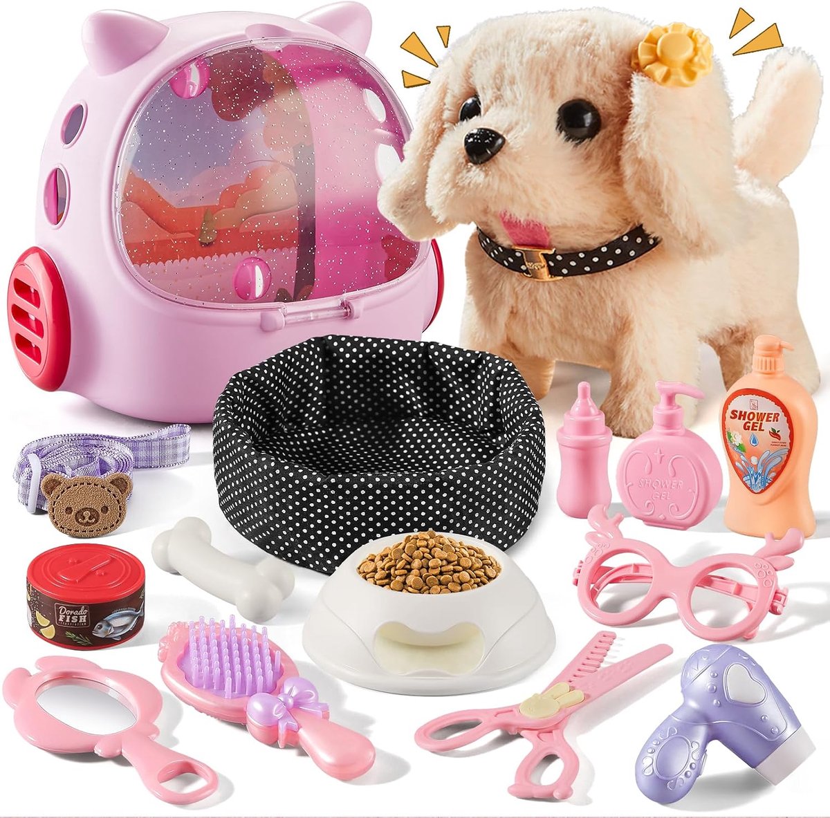 Hond met riem, loopt en blaft, hond voor meisjes, 5, 6