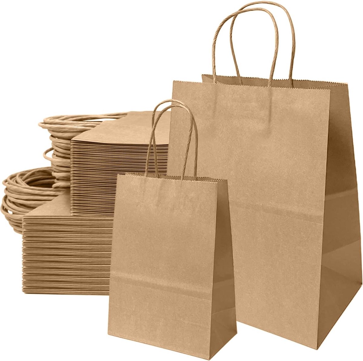 50 stuks kraftpapieren zakken met handvat, kraftpapieren zakken, groot formaat, voor verjaardag, bruiloft, Thanksgiving, Kerstmis, winkelen, verpakking, meeneemzakken, 21 x 8 x 15 cm, 27 x 14 x 21 cm