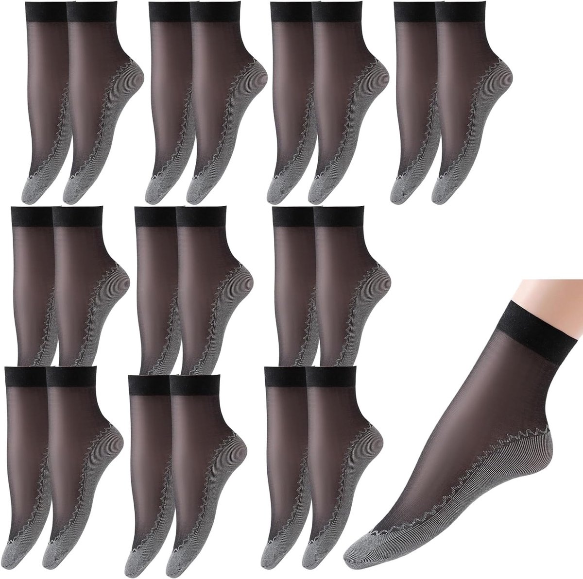 Set van 20 Paar Transparante Nylon Steunkousen voor Dames, Zwarte Kousen met Versterkte Teentjes en Beensteun, Duurzaam en Rekbaar, 10 Paar||20 Stuks