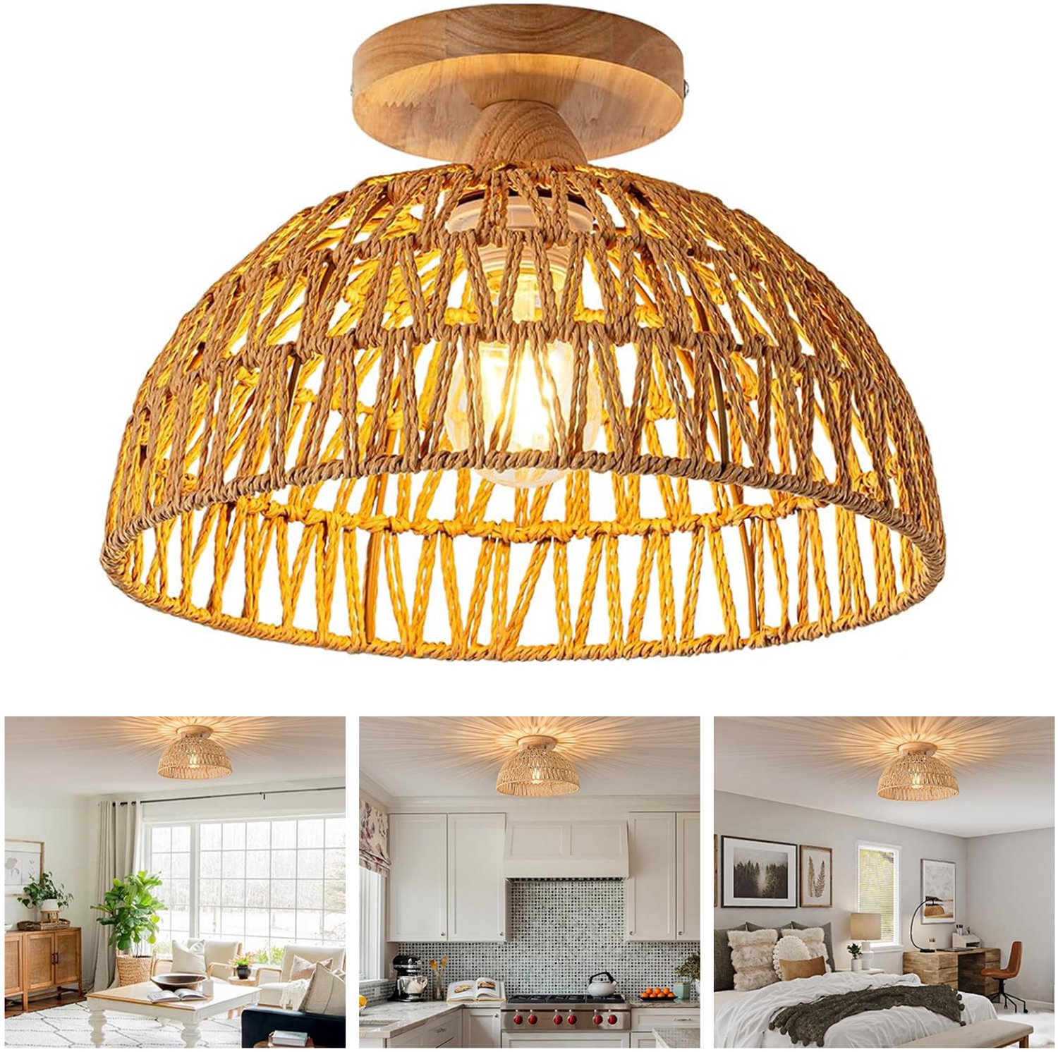 Boho Rotan Plafondlamp - Boho-Lamp - Kroonluchter Met Houten Voet - Rotan Kroonluchters En Plafondlampen