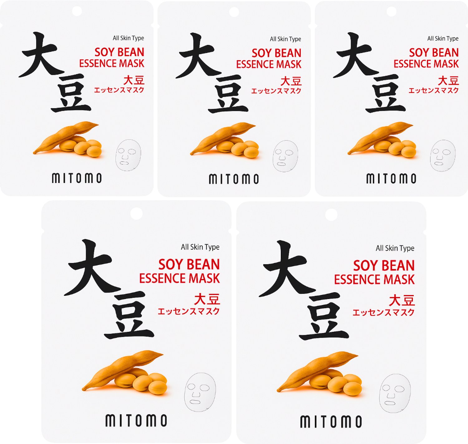 MITOMO Gezichtsmasker Soy Bean - Voedend & Hydraterend Sheet Mask - Gezichtsverzorging - 5 Stuks