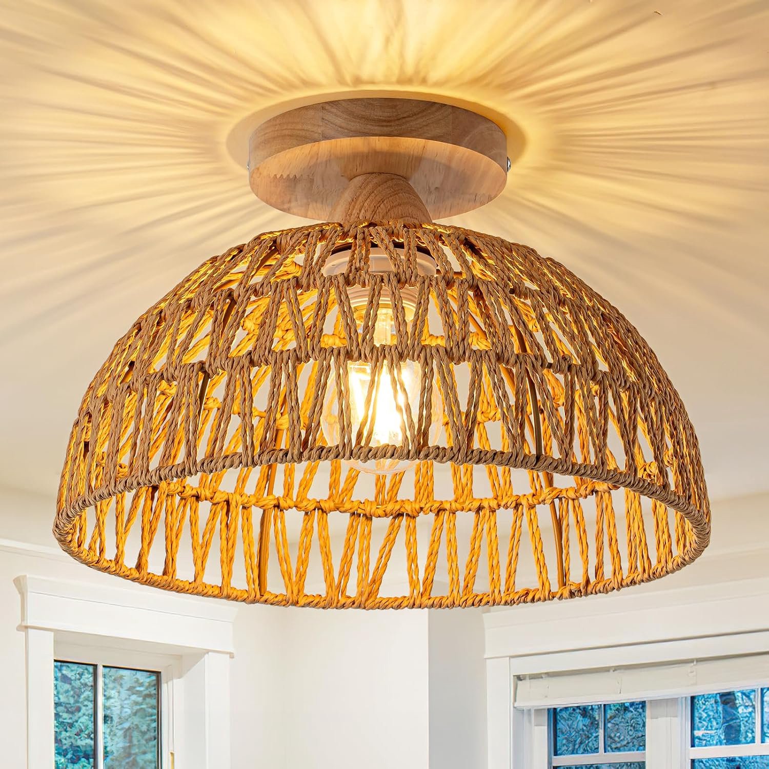 Boho Rotan Kroonluchter / Plafondlamp - Natuurlijke Houten Plafondlamp In Landelijke Stijl - Voor Slaapkamer Keuken