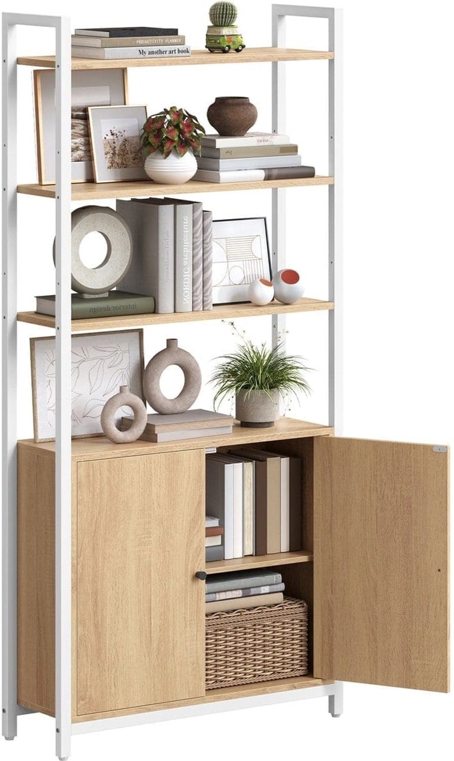 Klarven Boekenkast Eikenkleur-wit - Boekenkast met Deuren - Boekenkastje - Boekenkast Wit - Bookcase - 6 Niveaus Verstelbare Planken - Draagvermogen 90kg per Plank - 24x60x159,5 cm