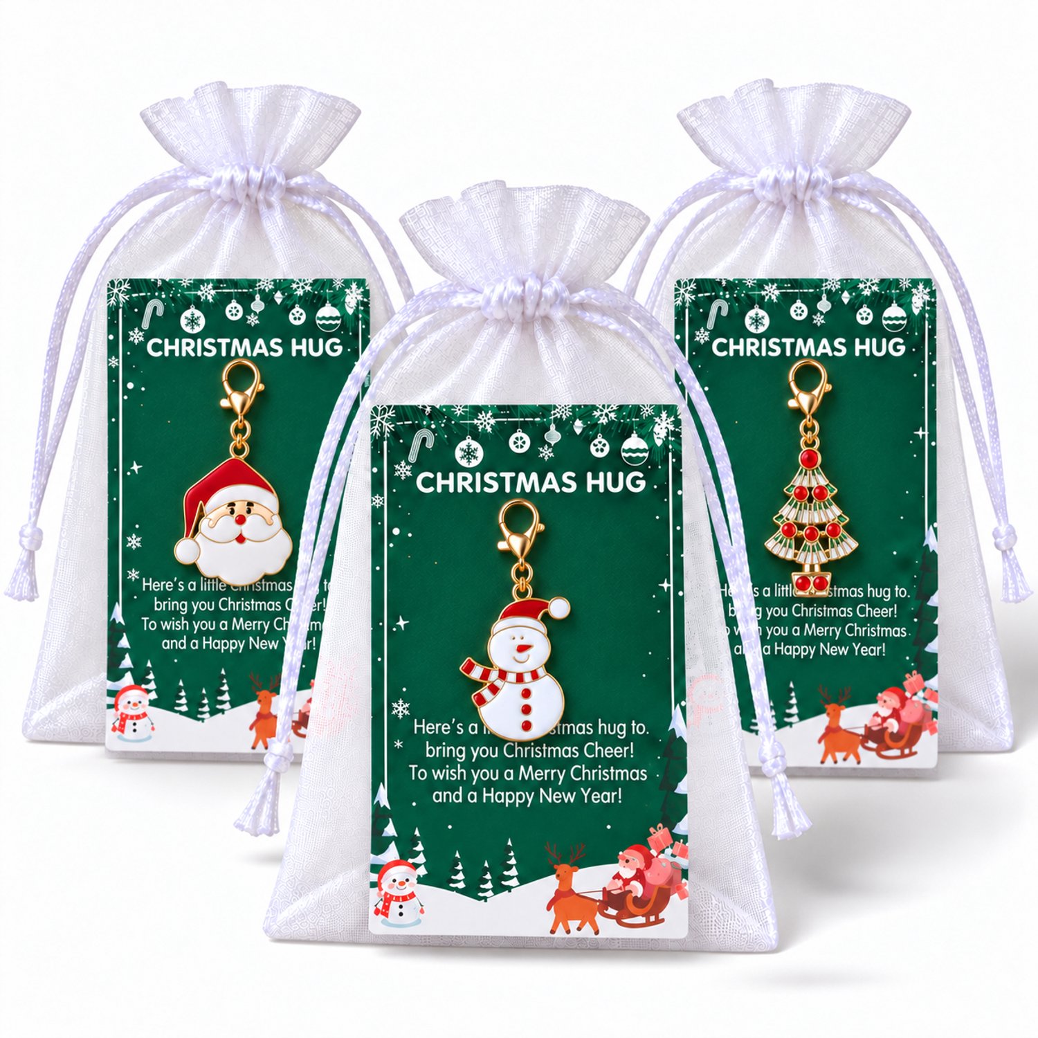 Kerst Sleutelhanger 10 Stuks - Kleine Kerst Cadeautjes met Kaartje & Zakje - Sneeuwpop & Kerstboom - Kasey