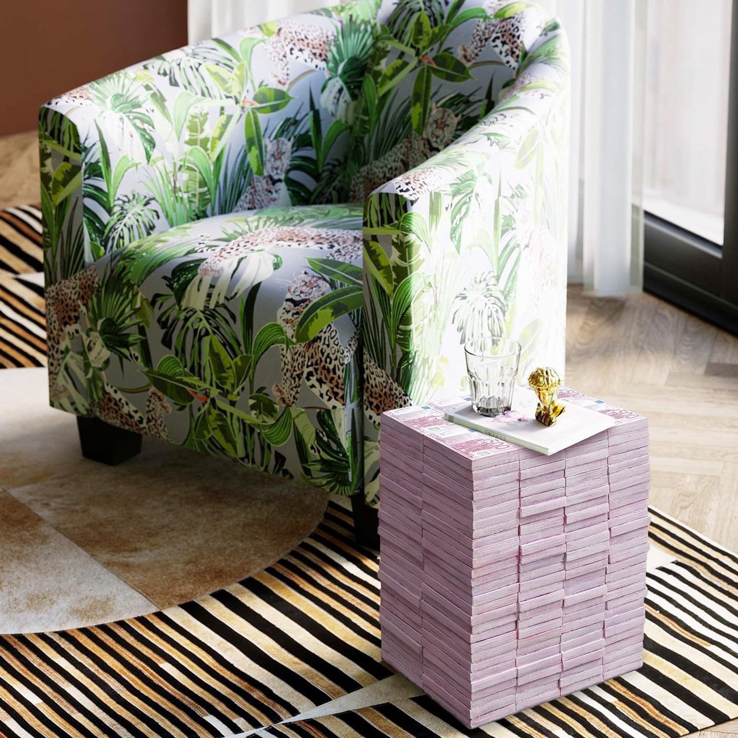 Bankbiljet Krukje Glamour – Roze Decoratieve Zitkruk met Geldprint, Moderne Rechthoekige Voetenbank en Woondecoratie voor Woonkamer, Slaapkamer, Hal of Kantoor, 38 x 29 x 30 cm (H x B x D)