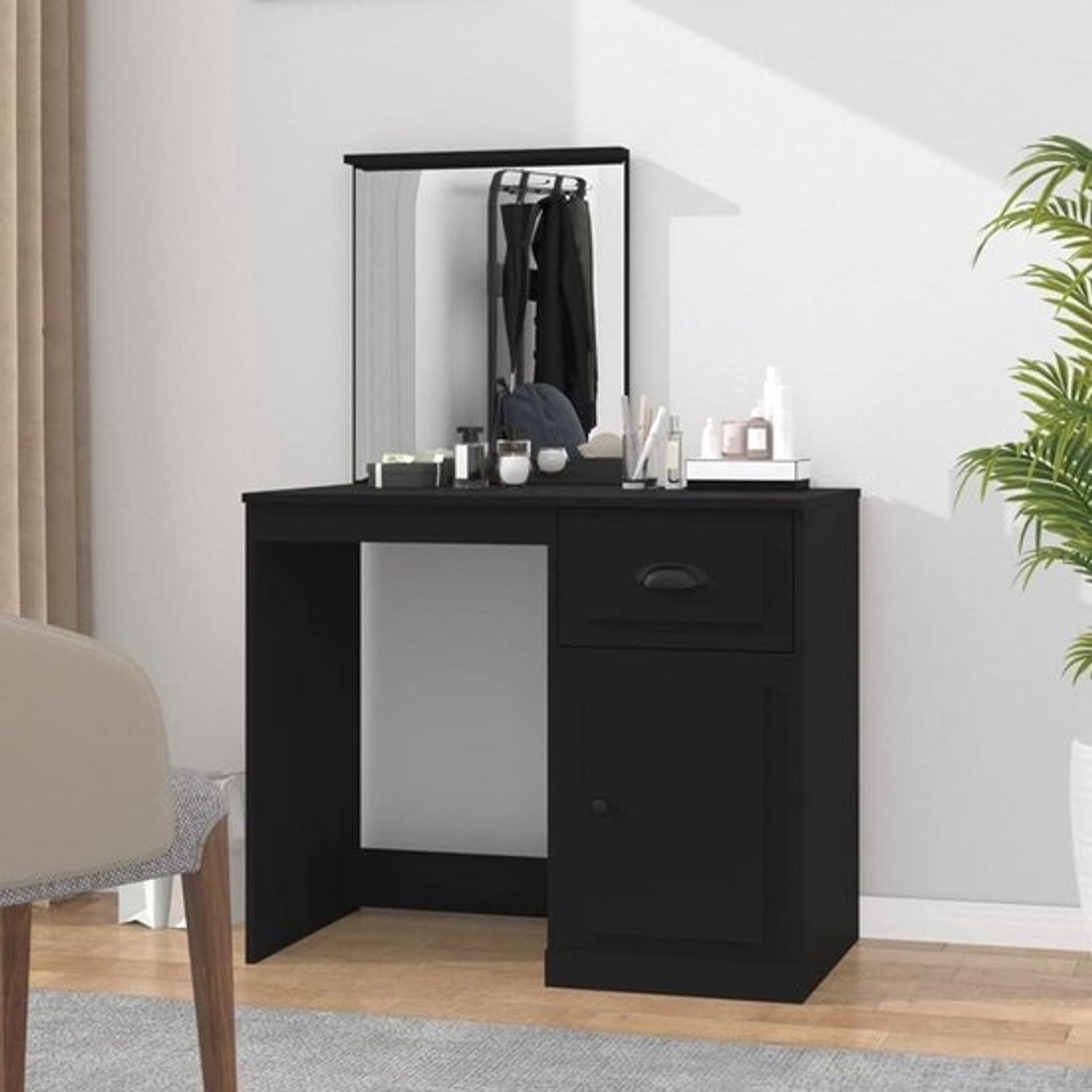 Kaptafel met spiegel - Dressing table - Voor je schoonheidsroutine - Asymmetrisch ontwerp - 90 x 50 x 132.5 cm - Zwart