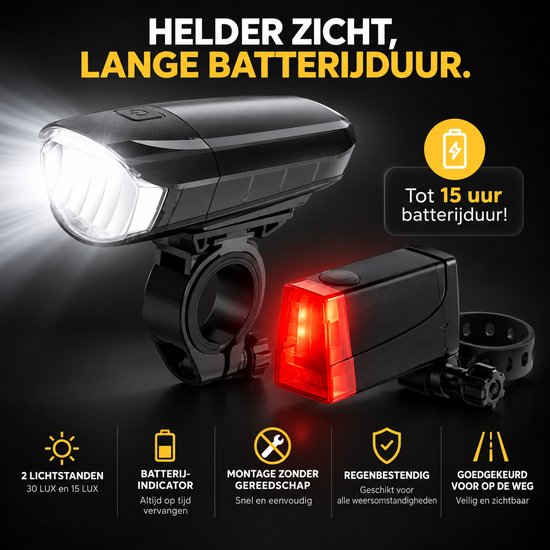 LED Fietslamp Set – Voor- en Achterlicht – Automatische Lichtinstelling – Gereedschapsloze Bevestiging – Regenbestendig – Voor Fiets en E-Bike — afbeelding 5