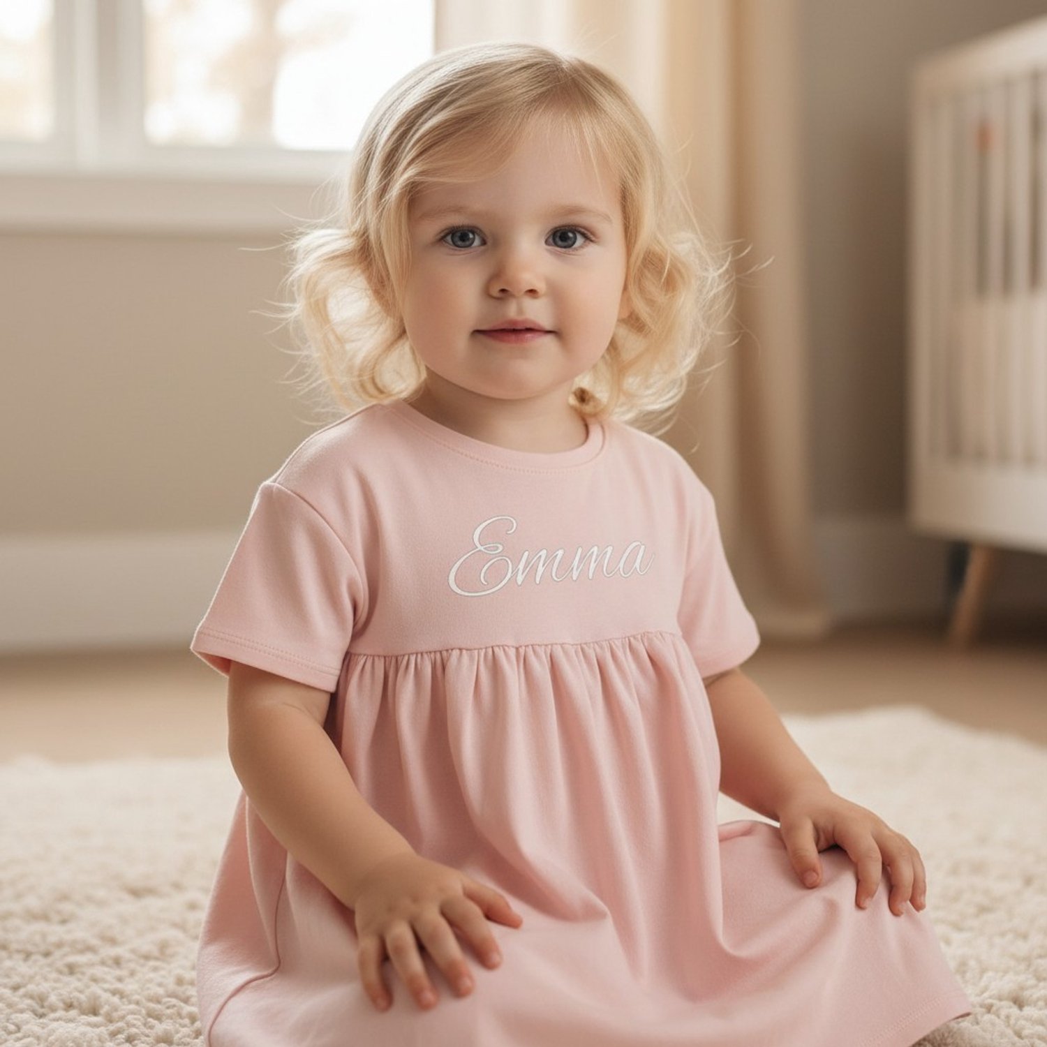 Licht roze baby jurk - bedrukt met naam - gepersonaliseerd - biologisch katoen - 18-24 maanden - baby kleding - meisje