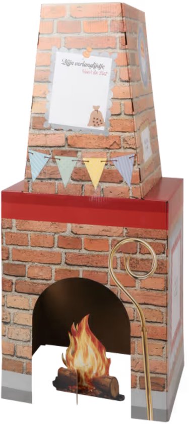 Kartonnen Sinterklaas-schoorsteen met baksteenmotief, een haardvuur, een staf en een verlanglijstje.