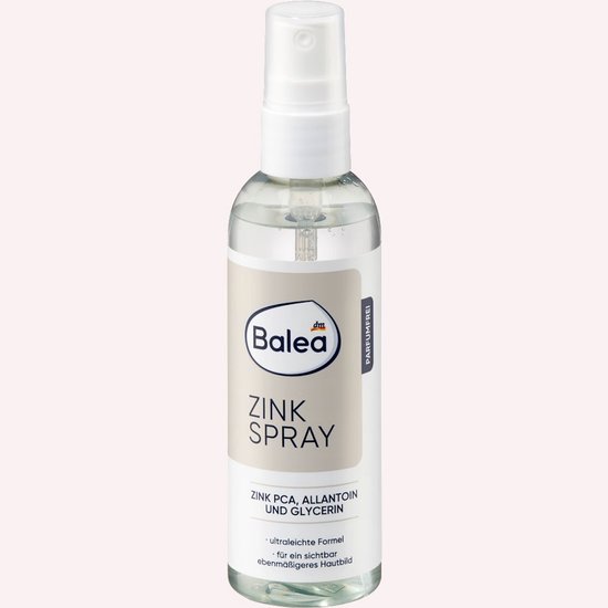 Transparante Balea Zinkspray fles met beige etiket, bevattende Zink PCA, allantoïne en glycerine, parfumvrij.
