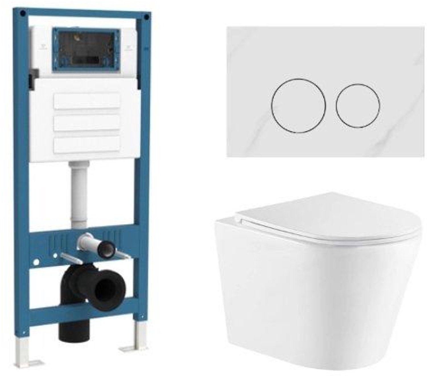 QeramiQ Dely Toiletset - inbouwreservoir Qeramiq Flush - slim zitting - natuursteen wit marmeren bedieningsplaat - ronde knoppen - mat wit