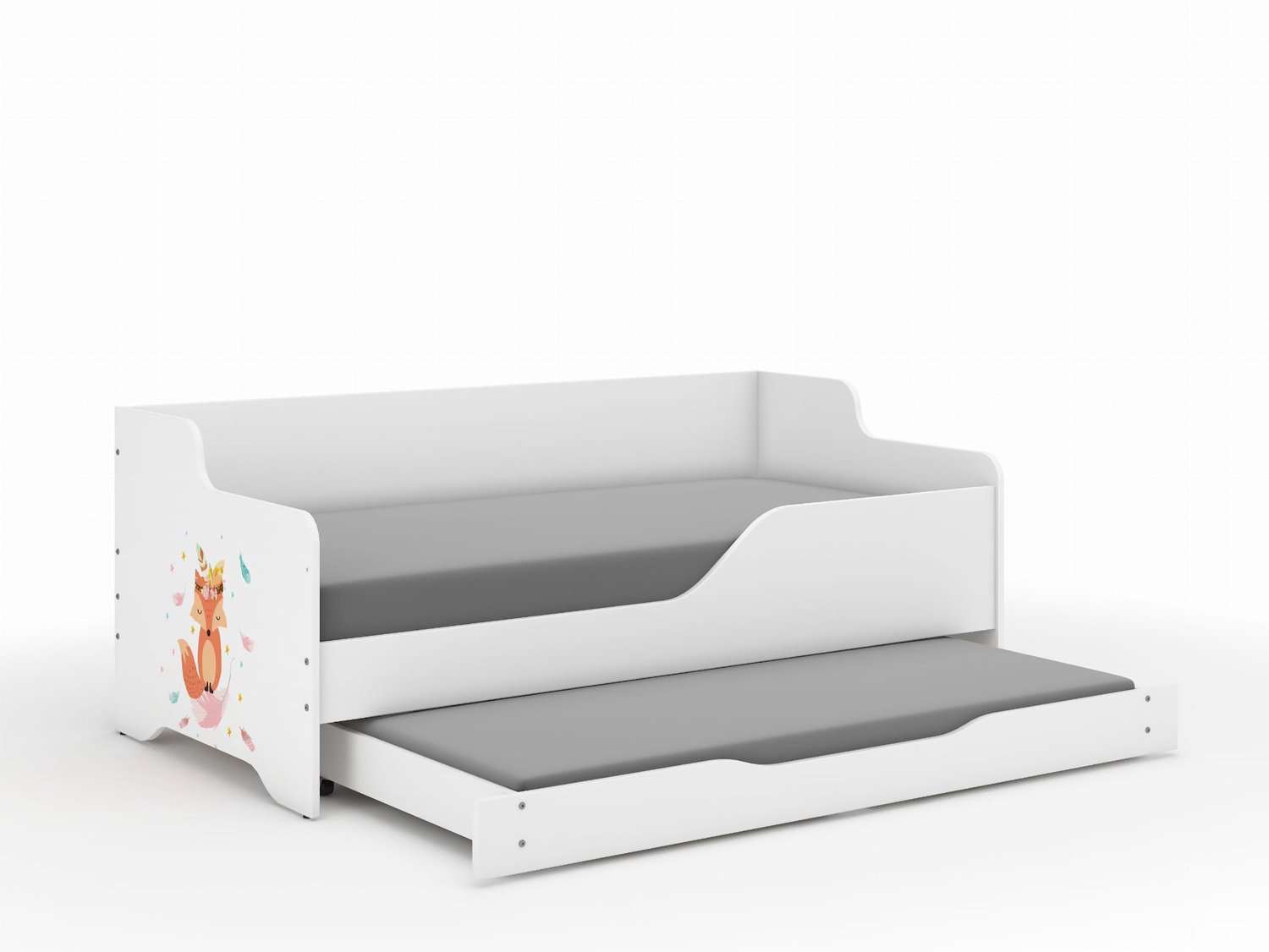 Wooden Toys Lilu - Kinderbedbank Lisek (Vos) - 160 × 80 cm - Met onderschuifbed - Inclusief matrassen wit