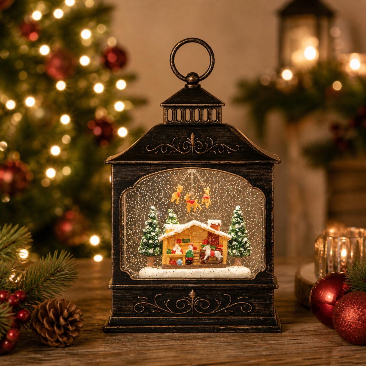 Anna's Collection Sneeuw lantaarn - 27,5 cm - met LED verlichting - glitter - sneeuwbol - snowglobe