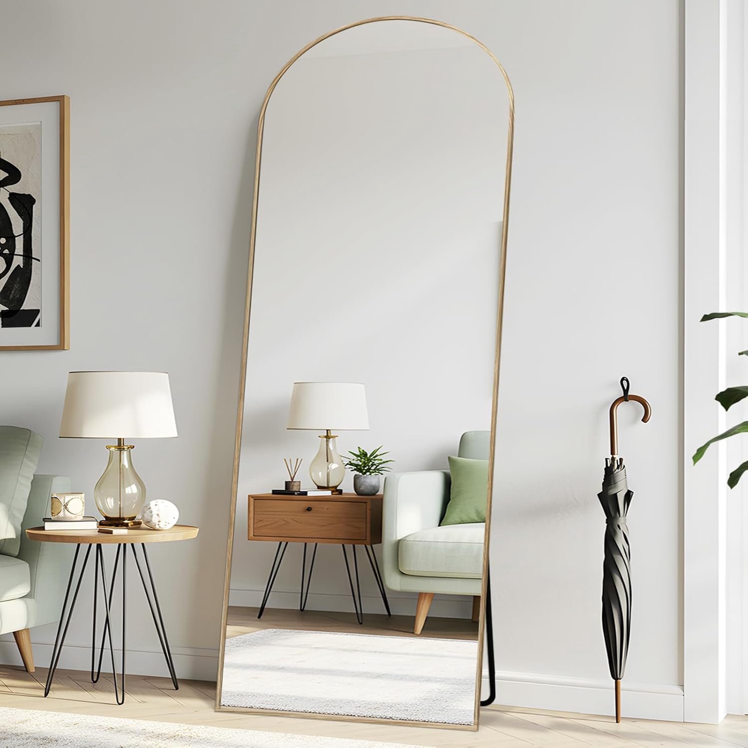 Luxe Gebogen Passpiegel 76 x 180 cm – Volledige Lichaamsspiegel met Aluminium Frame, Natuurlijke Houtlook, Staand, Liggend of Wandgemonteerd
