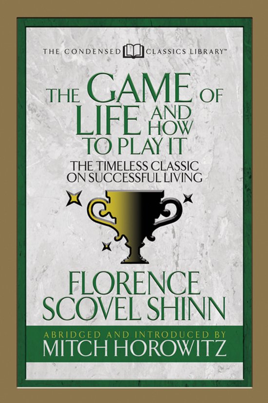 Boekomslag van The Game of Life met een gouden trofee, groene tekst en een marmeren achtergrond.