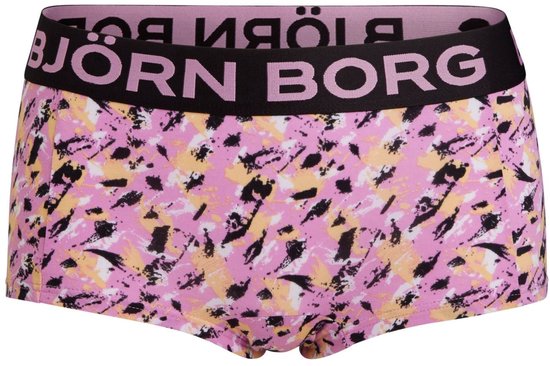 Roze boxer met abstracte print in zwart, geel en wit en zwarte band met 'BJORN BORG' tekst.