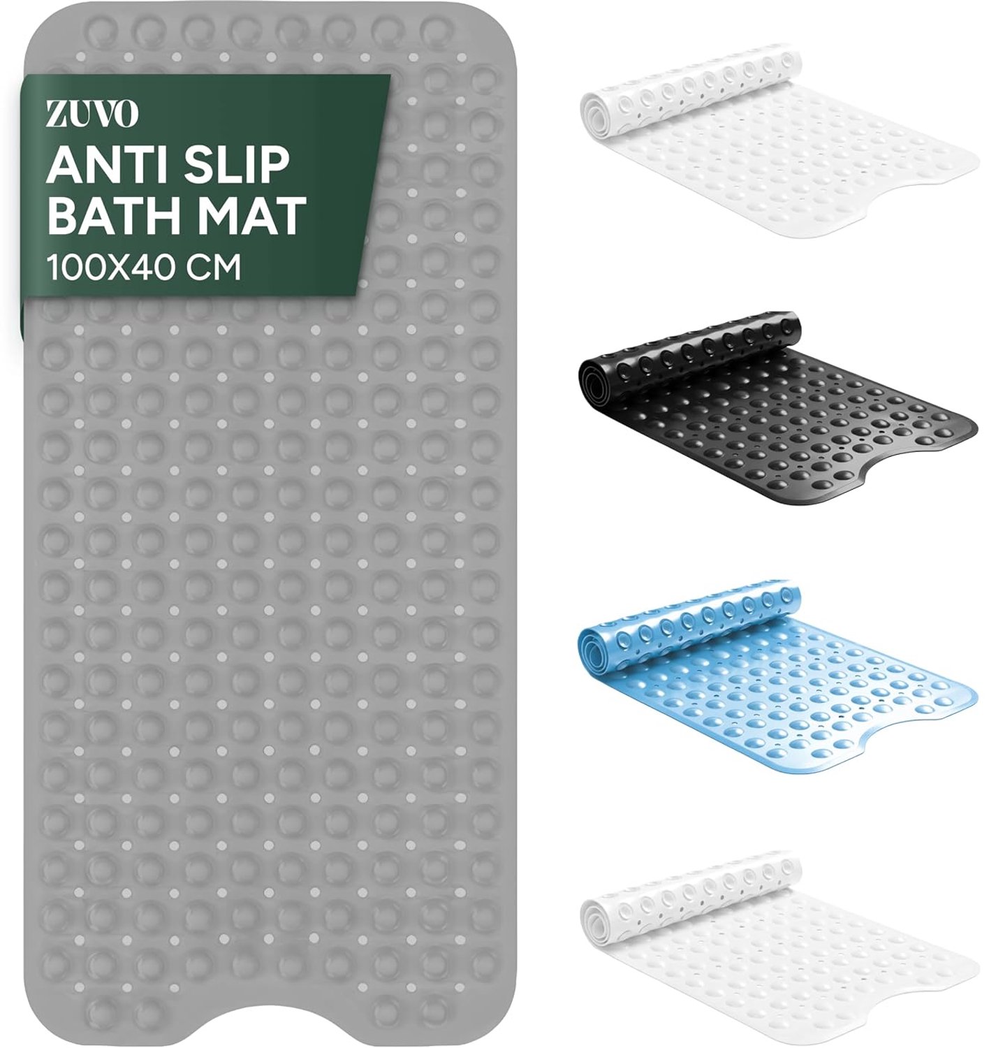 PromoHome Antislip Badmat 100x40 cm - Extra Lange Douchemat - Grijs - Antischimmel - Machinewasbaar - Rubberen Mat met Zuignappen voor Veiligheid