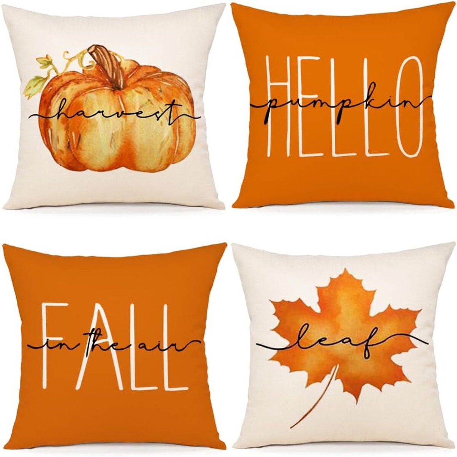 QTTVBTNA 4 Stuks Herfst Kussenhoezen – Decoratieve Kussenhoes met Esdoornbladeren en Pompoen – Sierkussenhoezen voor Sofa, Slaapkamer, Halloween en Thanksgiving – 45x45 cm Oranje