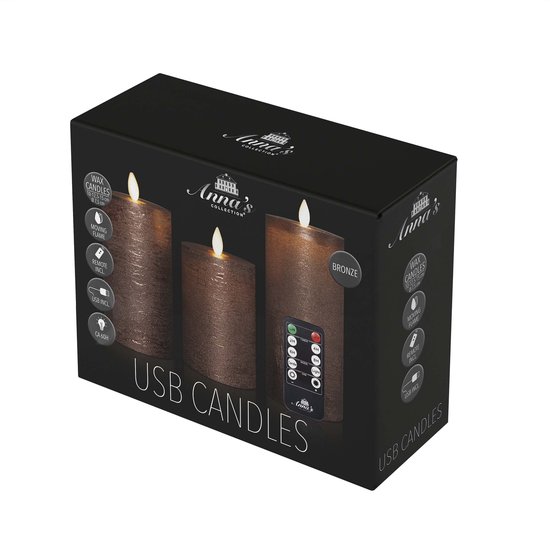Set van 3 bronzen USB-oplaadbare LED-kaarsen met afstandsbediening in een zwarte Anna's Collection verpakking.