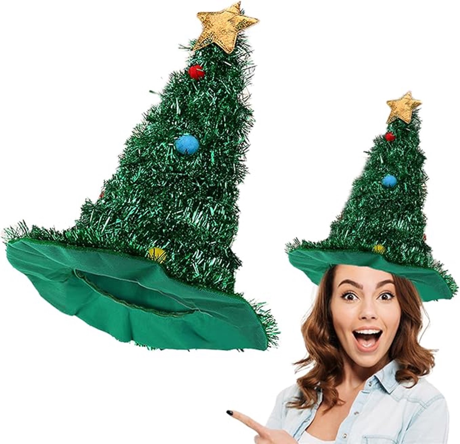 Nieuwigheid Kerstboomhoed, Kerstmuts met kleurrijke pompons en gouden ster topper, kersthoeden volwassenen, grappige kersthoeden, feesthoofddeksels, verkleedkostuum pet, cadeau voor vrouwen