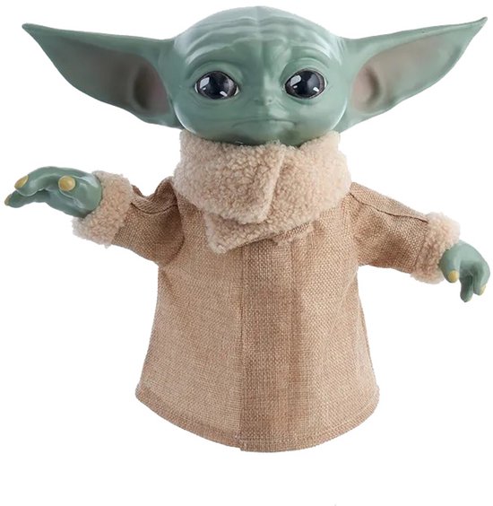 Groene Star Wars The Child-figuur met grote oren, zwarte ogen en een beige jas met imitatiebont kraag.