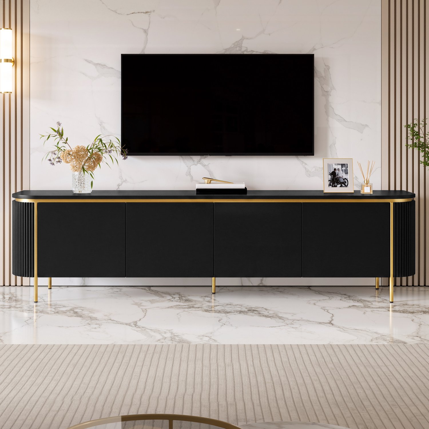 CHICFURN TV-meubel 180 cm - Kabeldoorvoer - 6 deuren - Zwart