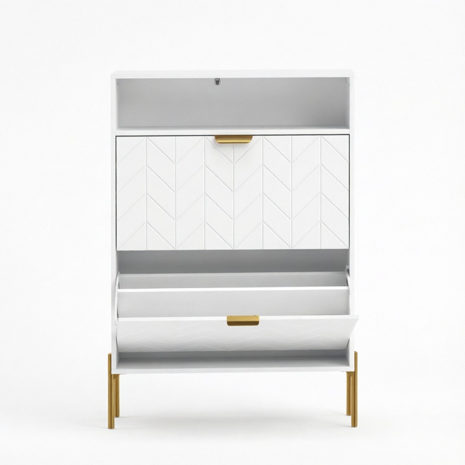 SONNENH Witte schoenenkast met 2 kleppen, open bovenvak en goudkleurige voeten - 80 x 23,7 x 110 cm