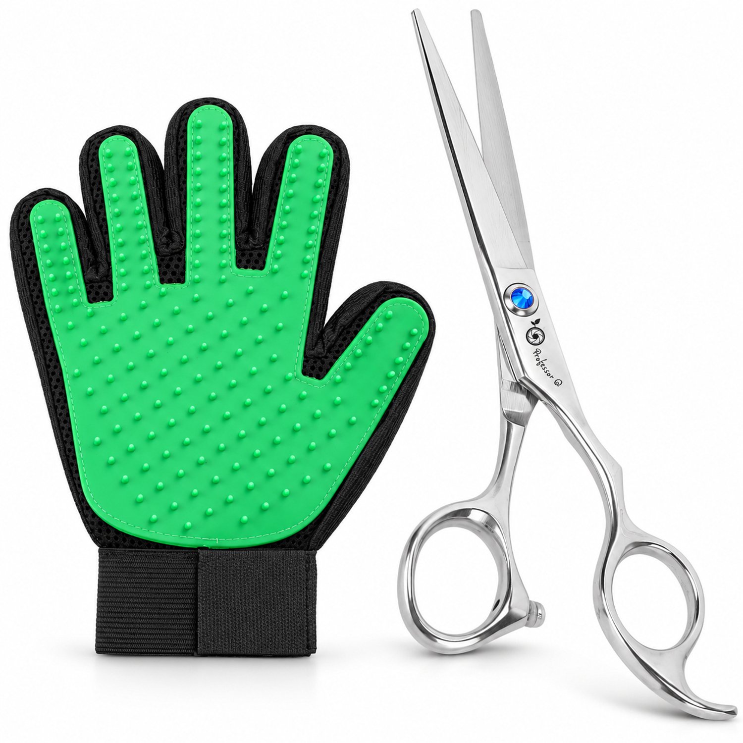 Professor Q Hondentrimset - Rechte Trimschaar 8 inch Zilver - Vachthandschoen Groen - 2-delig