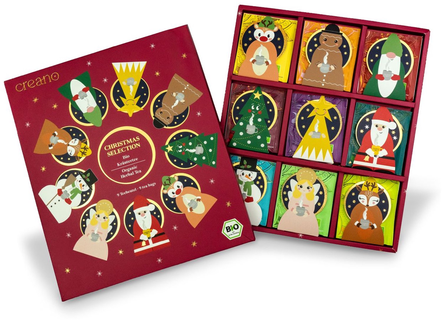 Creano Bio kruidenthee adventscadeau „Christmas Selection“ – 9 theezakjes met kerstfiguurtjes, 9 soorten – theecadeauset voor Kerstmis*