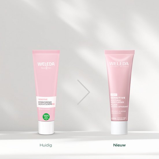 Vergelijking tussen de huidige en nieuwe verpakking van Weleda Sensitive gezichtscrème in een roze tube.