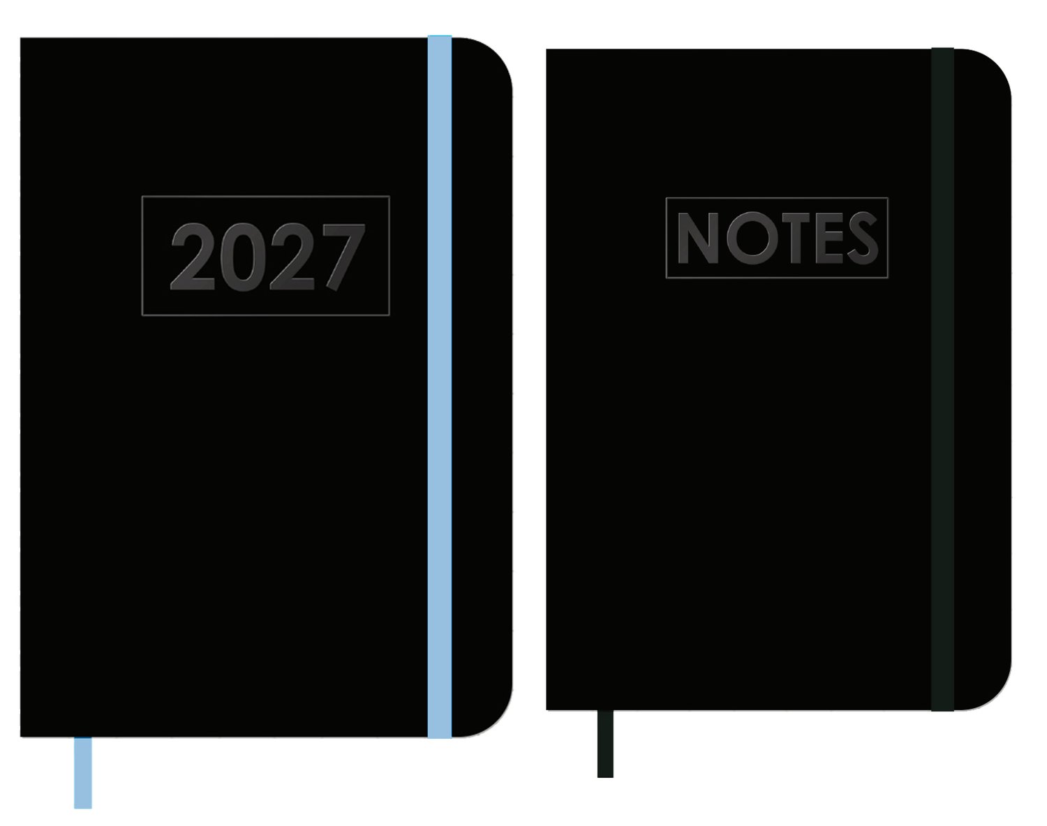 MGPcards - A6 Agenda 2027 - Weekoverzicht 1w/2p - Zwart + Blauw elastiek - 10,5 x 14,8 cm + Notitieboekje/opschrijfboekje - gelinieerd - 80 pagina's - A6 - Zwart