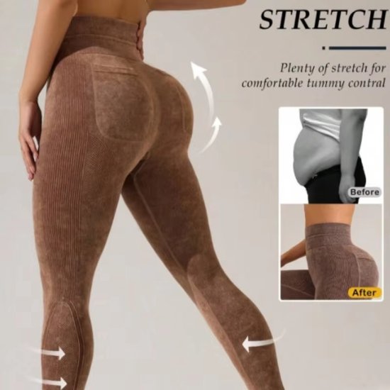 Dames Sportlegging met Hoge Taille en Zakken – Yoga Legging met Buikcontrole, Sneldrogend voor Fitness, Hardlopen & Outdoor - Bruin - Maat L — afbeelding 4