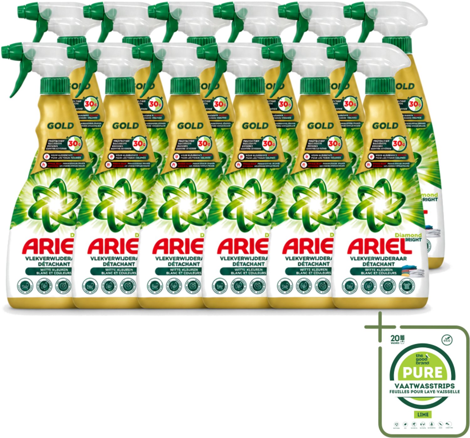 12 x Ariel - Vlekkenverwijderaar - Gold Spray - 750 ml - Grootverpakking - Vaatwasstrips - Vlekken Verwijderen - Snel Wasmiddel - Vlekken Op Witte Kleding - Vlekken Op Gekleurde Kleding - Vlekken Op Sportkleding