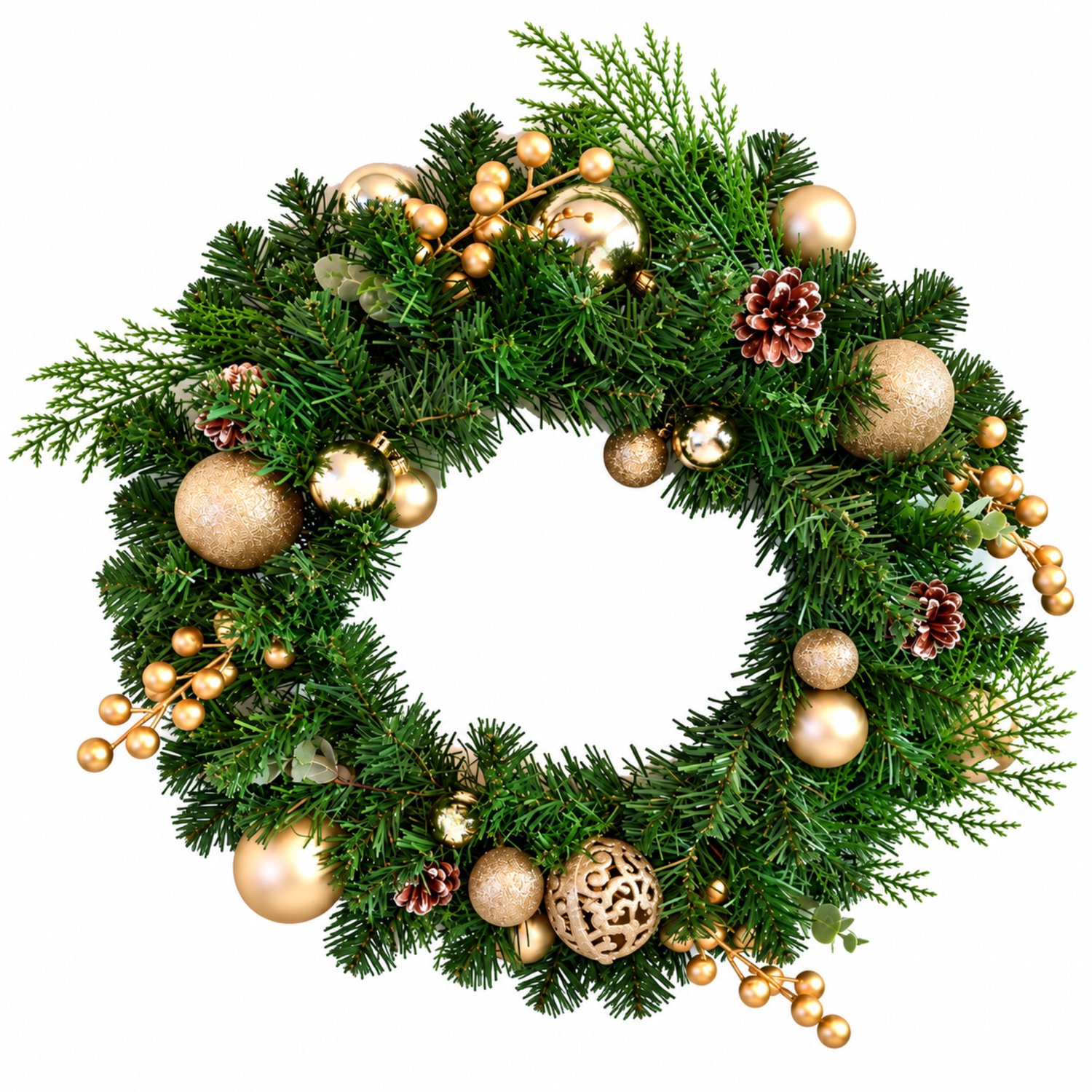 Kerstkrans Champagne 50 cm – Luxe Deurkrans met Kerstballen, Dennenappels en Gouden Details – Kerstdecoratie
