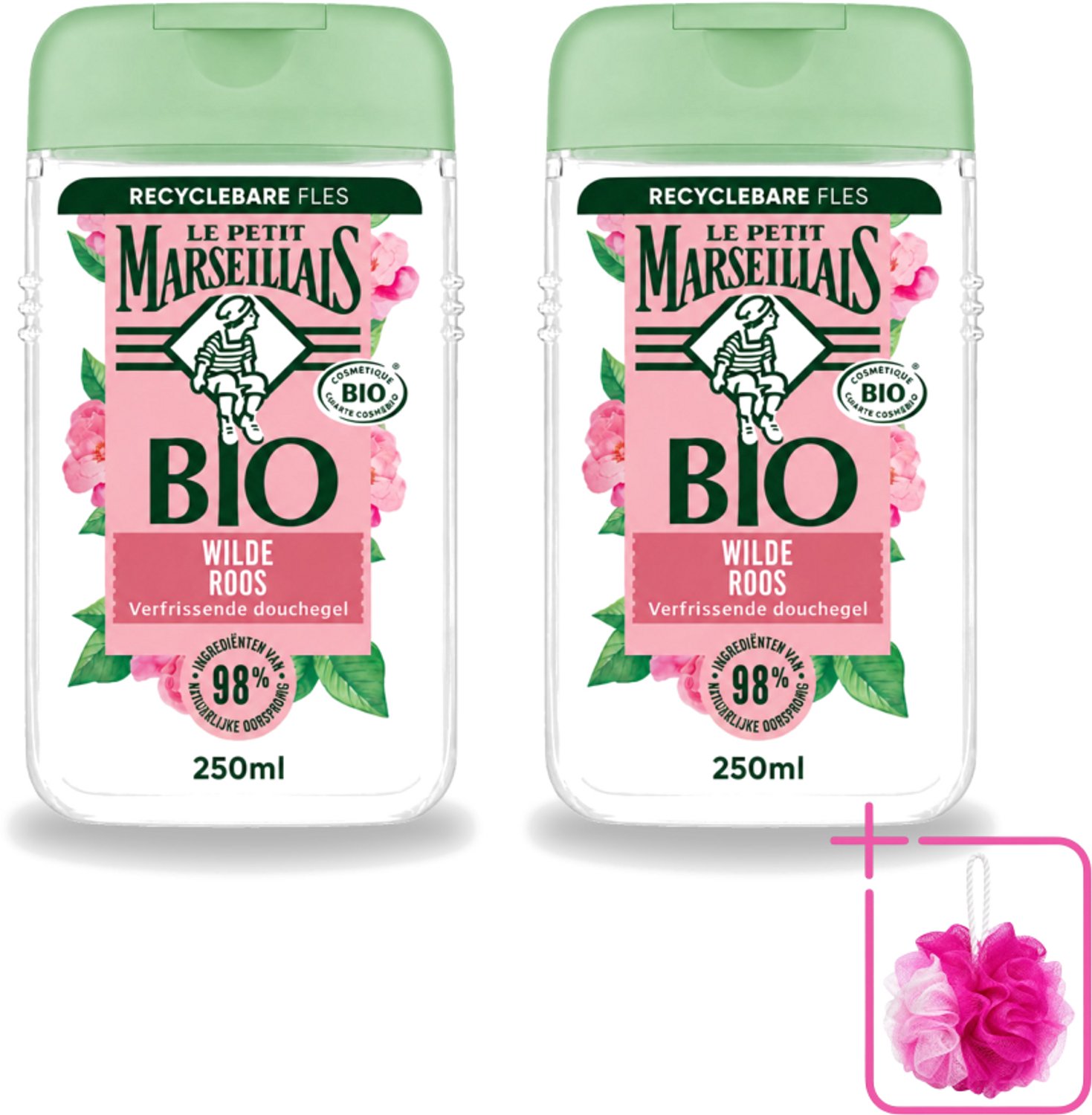 2 x Le Petit Marseillais – Douchegel – Bio Wilde Roos – Verfrissend – 250 ml - Bulkverpakking - Douchegel - Douchemop - Bio rozenbottel