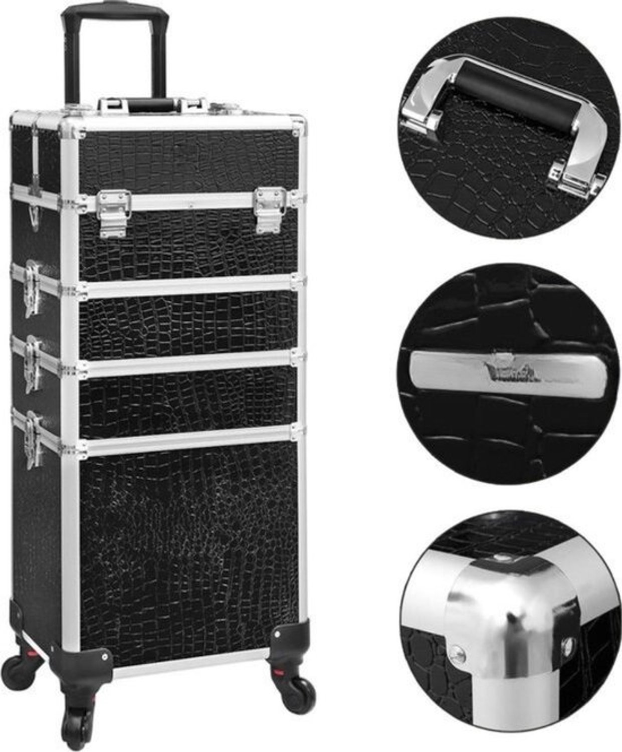 Make-up - Kapperskoffer op wielen - Aluminium - 4 uitschuifbare lades - Afneembare universele wielen - Ideaal voor onderweg - Fraai ontwerp - Zwart - Stenberi