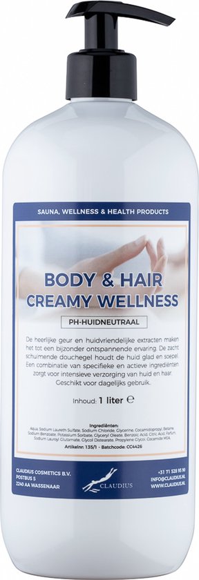 Witte fles met zwarte pompdispenser. Body & Hair Creamy Wellness PH-huidneutraal, 1 liter.