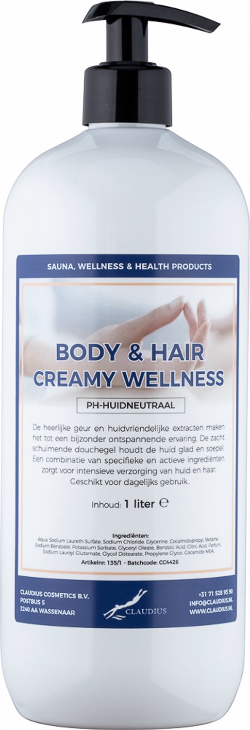 Claudius Body & Hair Creamy Wellness - 1 liter met gratis zwarte pomp - showergel - navulling - voordeelverpakking