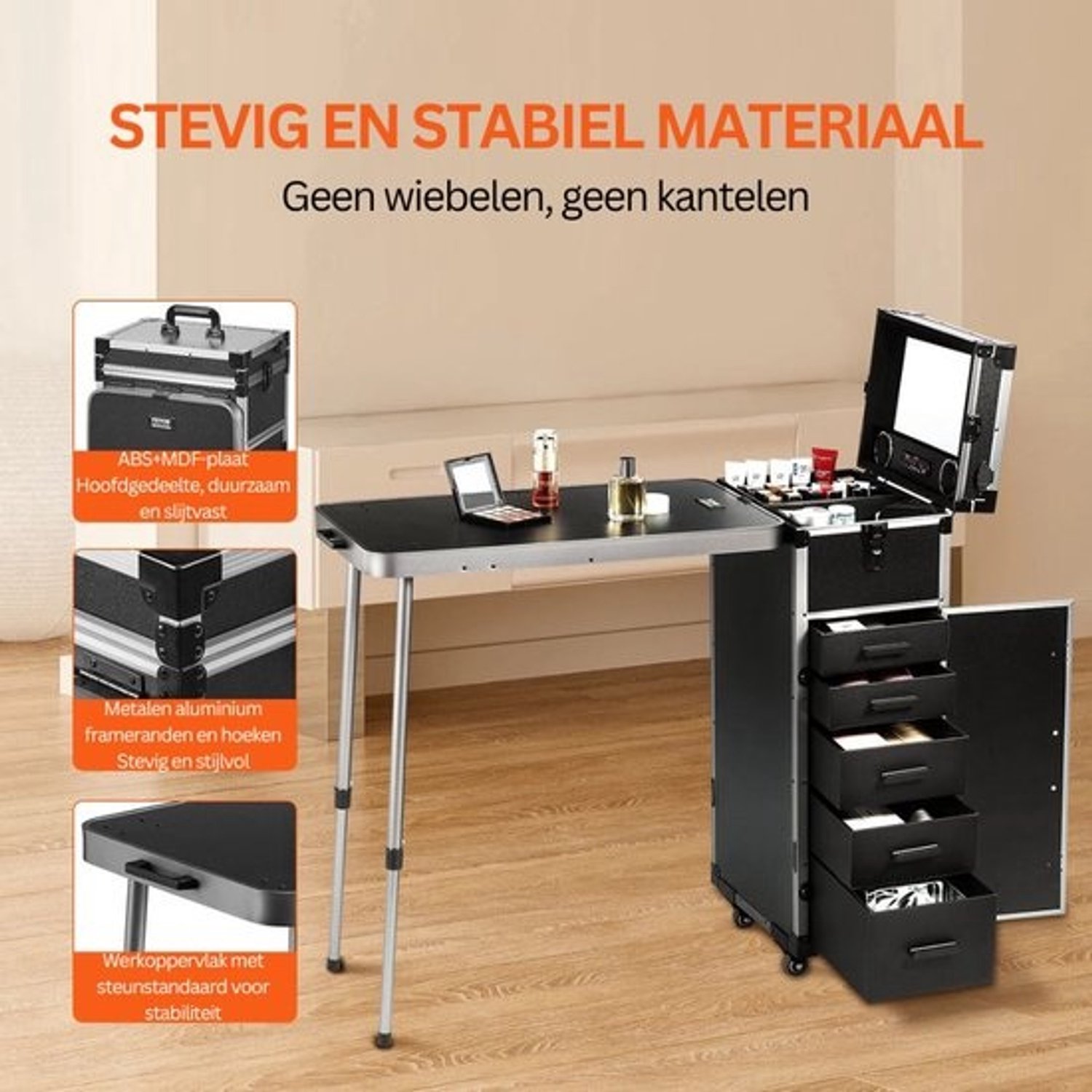 Make-uptrolley met wieltjes - Staande bediening - met ingebouwde telefoonlader - Must Have - Visagiekoffer - Cosmeticakoffer