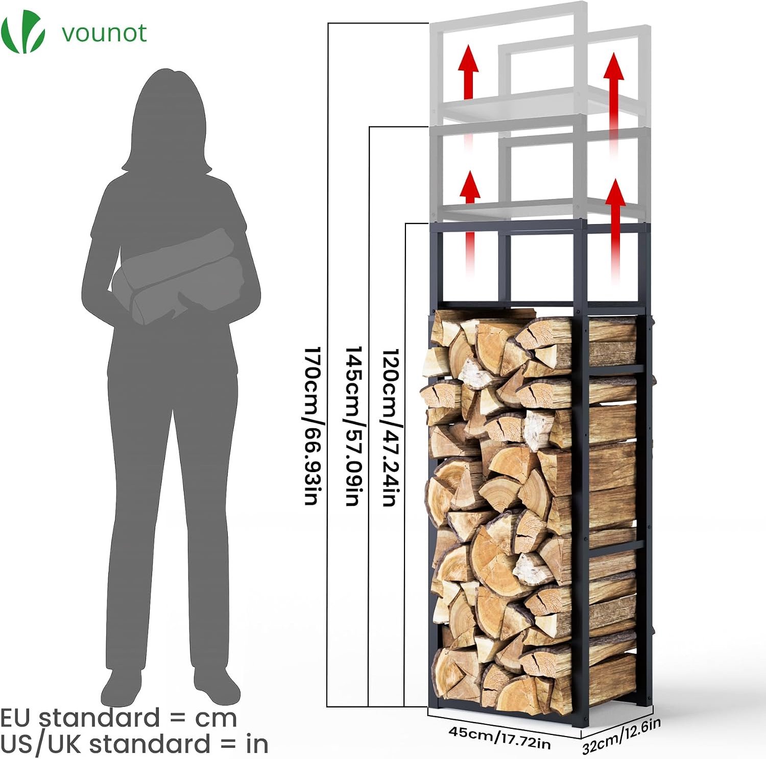 Verstelbaar Houtrek - Metalen Brandhoutrek - 3 Hoogtes Verstelbaar - Houtopslagrek met Geïntegreerde Plank - Voor Binnen en Buiten - 45 x 32 x 170 cm - Zwart**
