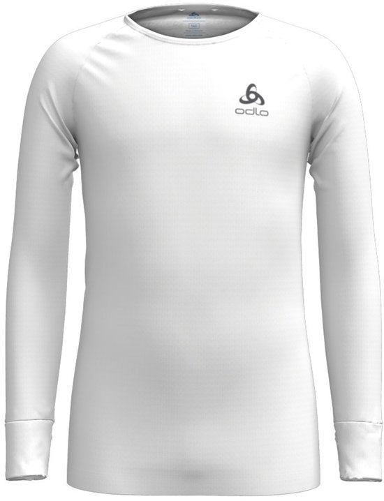 Wit Odlo Active Warm Eco thermoshirt met lange mouwen en grijs merklogo op de borst.