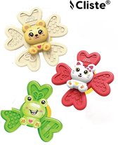 Drie Cliste spinner-speeltjes met dierfiguren: een gele beer, groene kikker en rode kat met bloemvormige bladen.