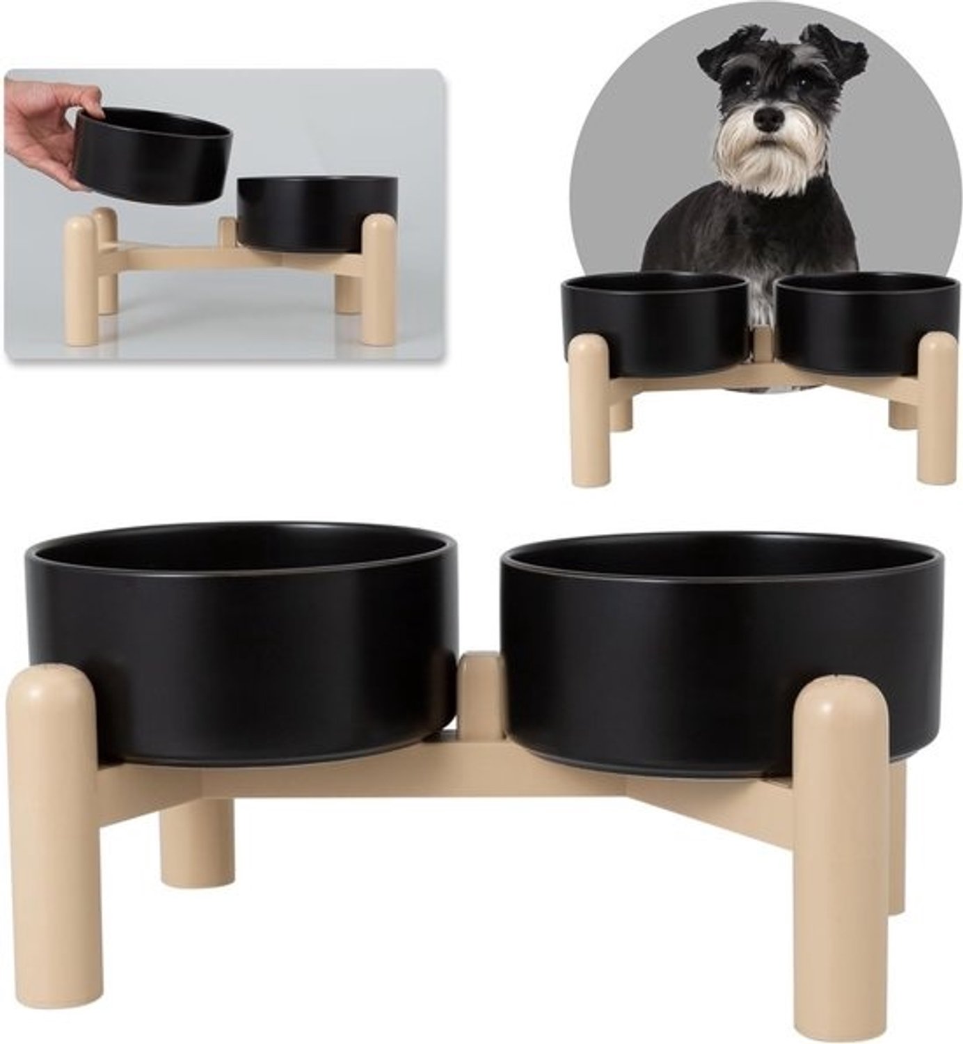 Verhoogde keramische voer- en waterbakken - Set van 2 met antisliphouders - Kleine en middelgrote honden - 2 x 850 ml - Zwart design